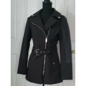 Michael Kors Womens Black Quilted Coat Full Zip Belted pockets Jacket SZ S EUC